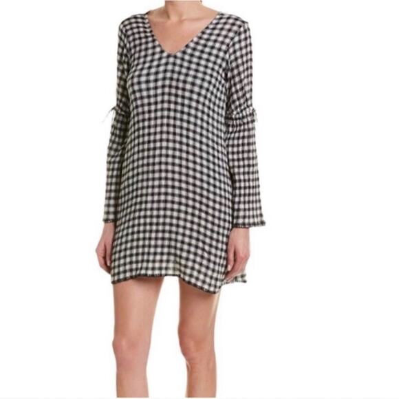 NWT Michael Stars L black white gingham gauzy v-neck shift dress, flare sleeves - Picture 1 of 10